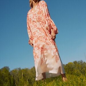 H&M balloon-sleeved maxi dress Cream  coral red/floral BNWT
